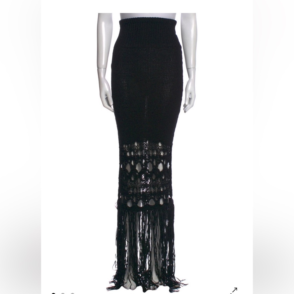 Christoper Esber Lace Knit Black Midi Skirt Fringe Bottom Ruched